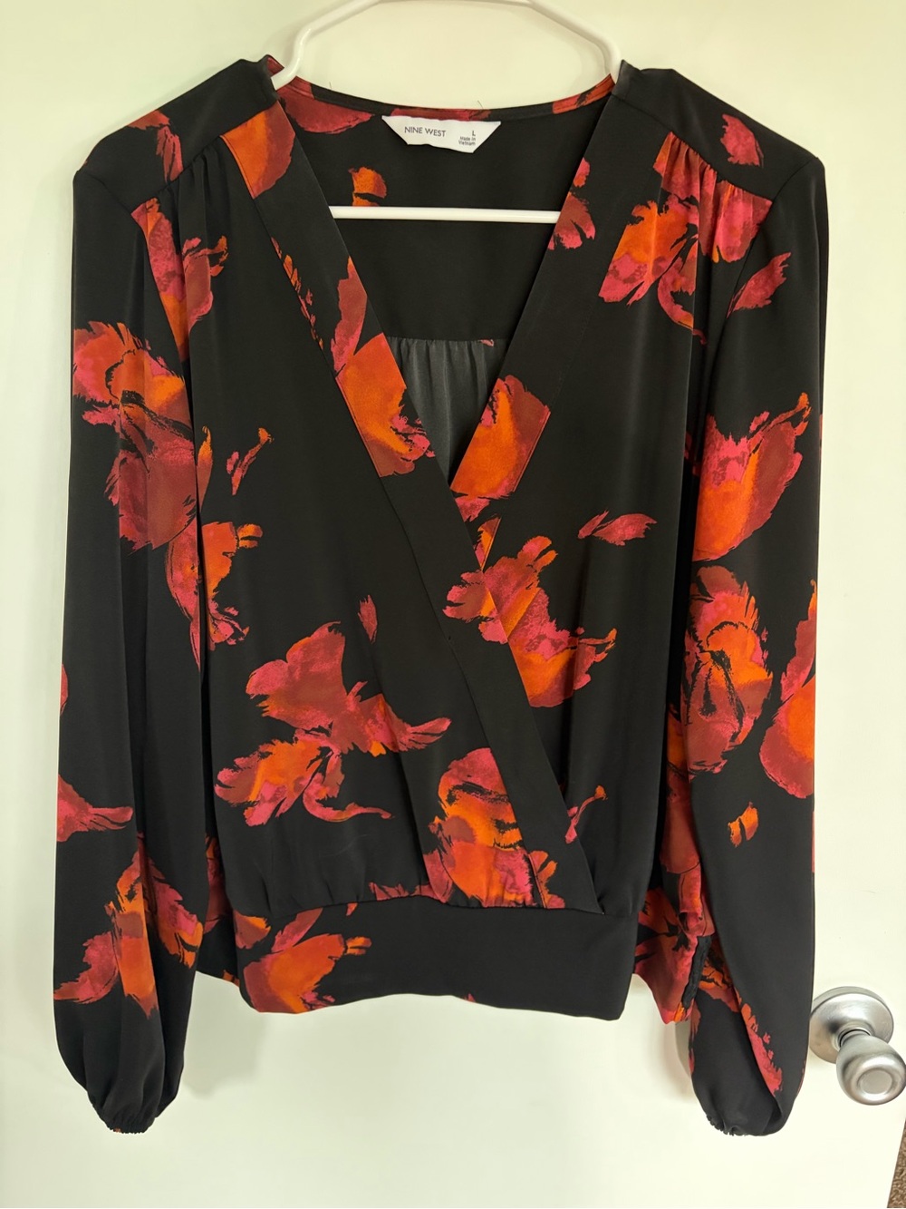 Nine West Black Blouse with Red and Orange Floral Print